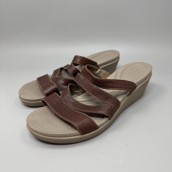Crocs Womens 9 Brown Leather Strappy Mini Wedge Sandals Slides Leigh Ann 204730 - Picture 3 of 9